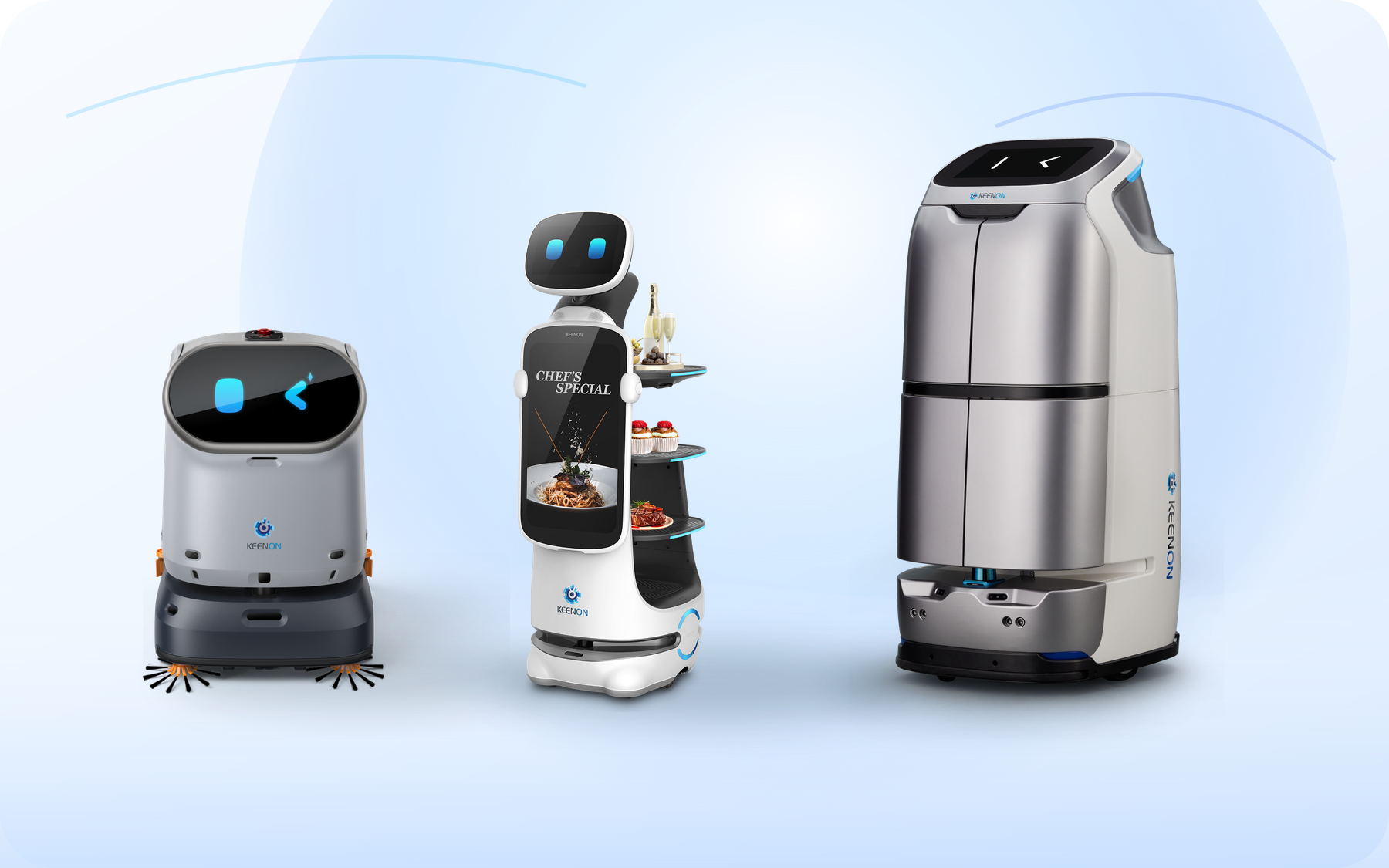 Three KEENON service robots shown as the main smartrobots.md launch models